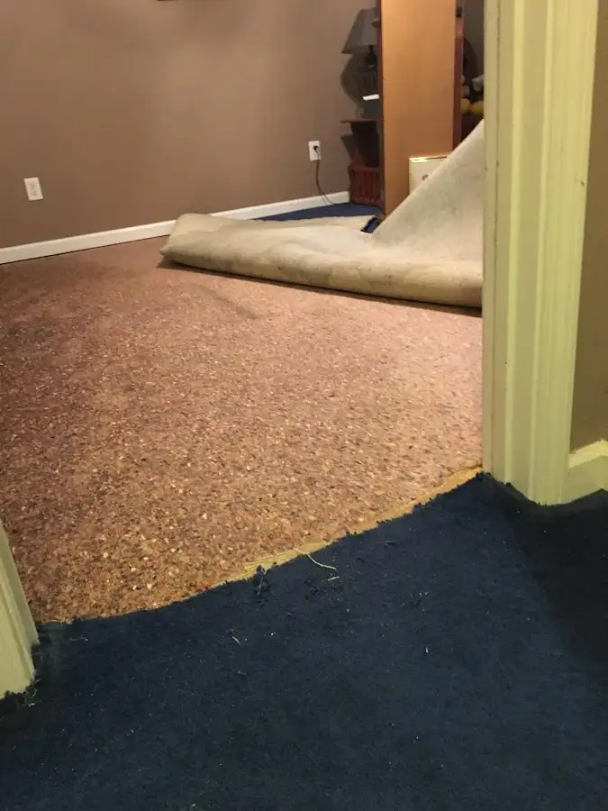 Carpet pad removal revealing water damage during Water Mitigation Services in Amityville